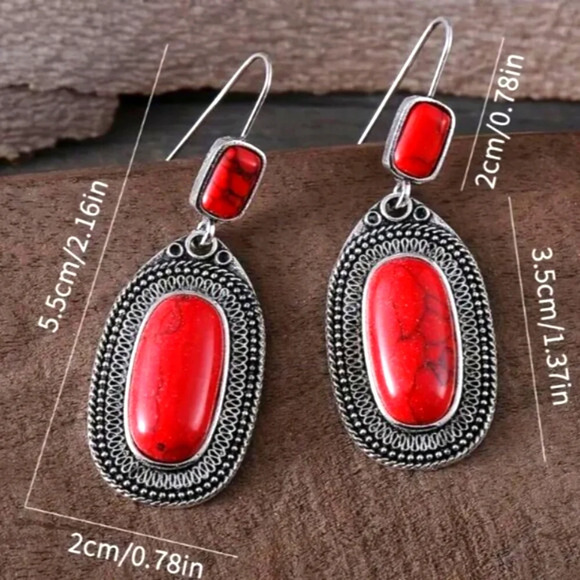 Vintage Court Style Alloy Dangle Earrings With Red Imitation Gemstones - Picture 4 of 5